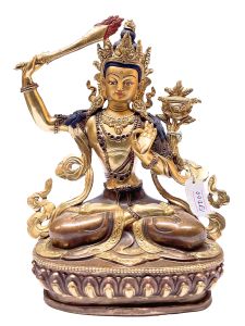 Nepali Statue Of Manjushree, Partly Gold Plated, Painted Face