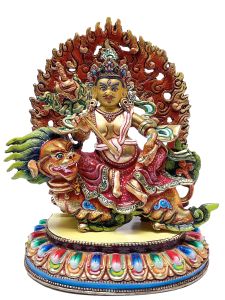 Nepali Statue Of Kuber On Lion, Partly Gold Plated, Painted Face