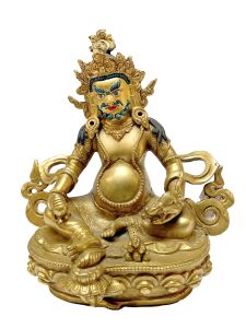 Nepali Statue Of Yellow Jambala, Full Gold Plated, Painted Face