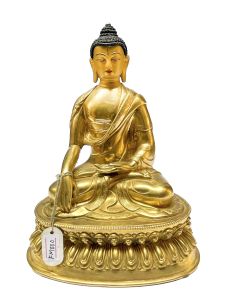 Nepali Statue Of Shakyamuni Buddha, Full Gold Plated, Painted Face