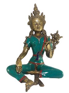 Statue of Green Tara with Real Stone Setting