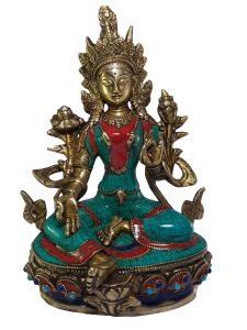 Statue of Green Tara with Real Stone Setting 