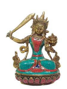 Statue of Manjushree with Real Stone Setting 