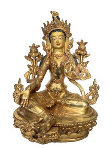 Handmade Nepali Statue Of Green Tara, Full Gold Plated