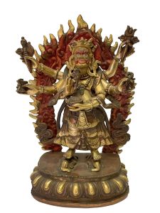 Nepali Handmade Statue Of White Mahakala, Partly Gold Plated 