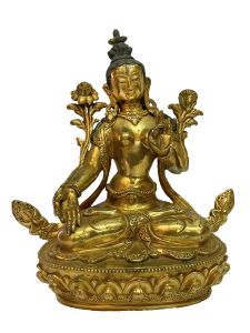 Nepali Handmade Statue Of White Tara, Full Fire Gold Plated 