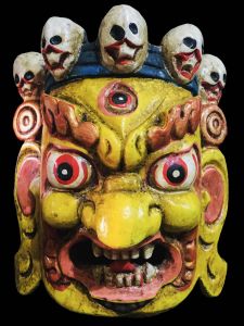 Handmade Wooden Mini Mask Of Mahakala, Painted Yellow 