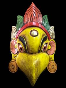 Handmade Wooden Mask Of Garuda, Painted Yellow 