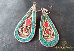 Hand-Made Light Weight White Metal Stone Filled Oval Earring