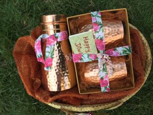 Dhaatu Copper Set with Copper Flask Design Bottle and Two Water Jug
