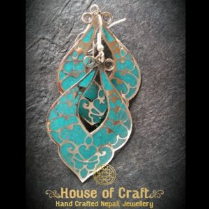 Hand-Made Light Weight White Metal Turquoise Stone Filled Floral Water Drop Earring