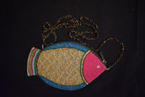 Fish Designed Hand Crochet Glass Bead Purse with Good Quality Zipper & Strap