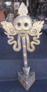 Antique Tibetean Iron Tantrik Phurba Skull Khatvanga With Stand