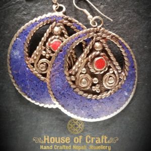 Hand-Made Light Weight White Metal Lapis Stone Filled Round Triangle Earring