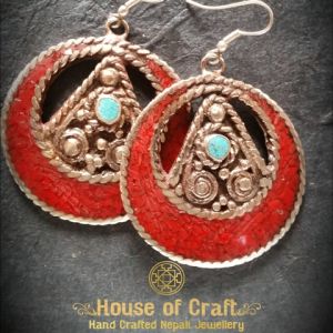 Hand-Made Light Weight White Metal Red Stone Filled Round Triangle Earring