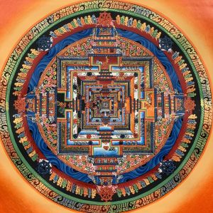 Hand-Painted Kalachakra Mandala Tibetan Thangka Art on Canvas, 12 x 12 Inches