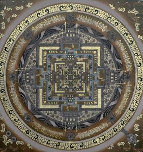 Hand-Painted Kalachakra Mandala Tibetan Thangka Art on Canvas, 17 x 17 Inches