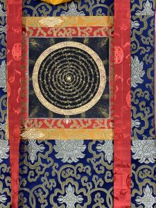 Hand-Painted Mantra Mandala Tibetan Thangka Art in Silk Brocade