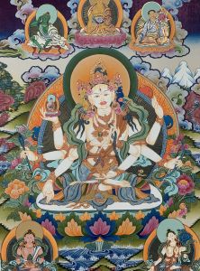 Hand-Painted Vasundhara The Goddess of Abundance Gold Thangka Finest Art on Canvas 15 x 20 Inches