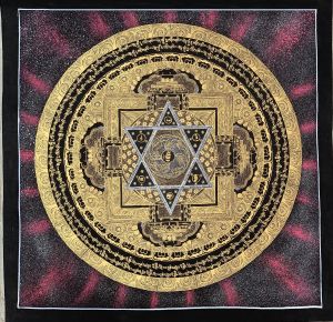 Hand-Painted Mantra Mandala Thangka Painting, Art on Canvas,  20 x 20 Inches
