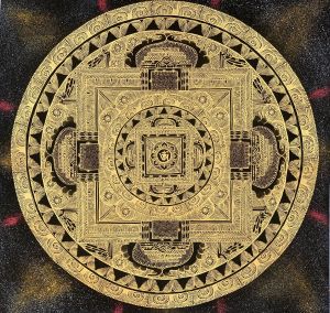 Hand-Painted Buddhist Om Mantra Mandala Thangka Painting, Art on Canvas, 21 x 21 Inches