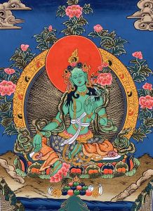 Hand-Painted Green Tara Tibetan Thangka Art on Canvas, 13 x 17 Inches