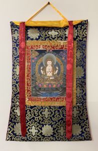 Hand-Painted Lokeshwor Premium Gold Thangka Art on Canvas with Silk Brocade