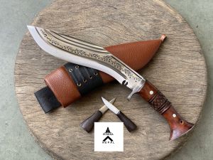 Gurkha Nepal Hand-Forged Chira 3 Fuller Khukuri Full Tang 8 Inched Carved Wood Handle