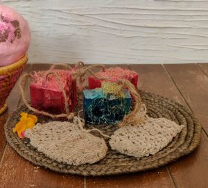 Natural and Handmade soap with natural fiber scrubber