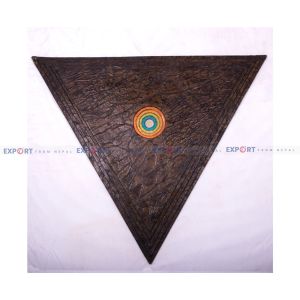 Paper wall hanging made nepali lokta with triangle design and circle in the middle.