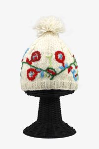100% Pure Woolen Soft & Warm Women's White Beanie Hat with Flower Design
