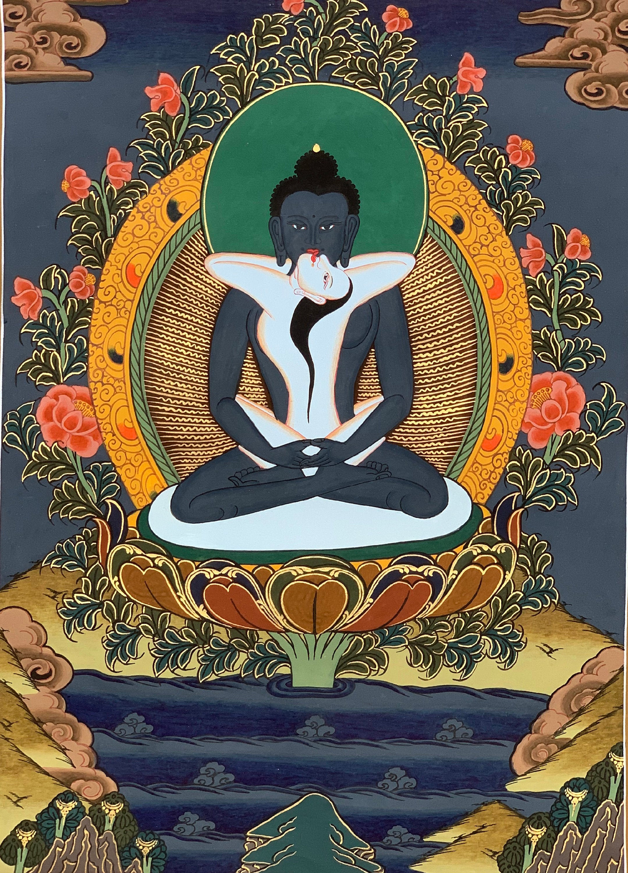 Handgemalte Thangka Mit Samantabhadra & Samantabhadri – 85x58 Cm Mit Brokatrahmen, Tibetische Meditation